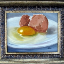 Brown Egg Cracked on White Plate Study